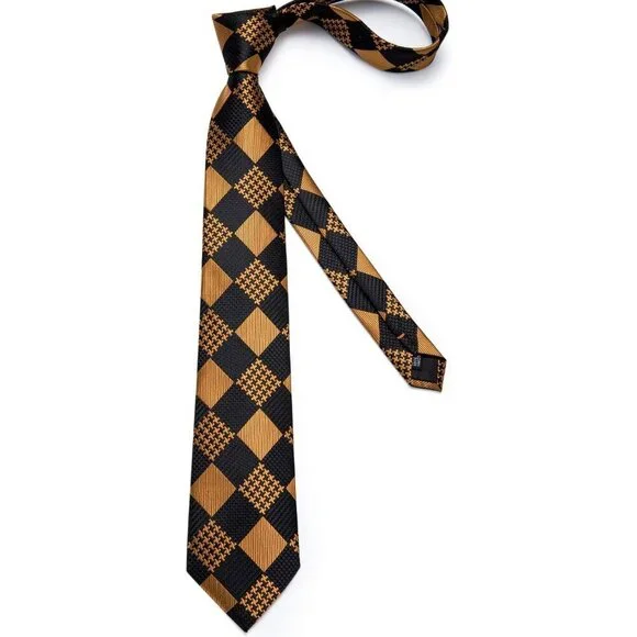 🆕Men Gold Plaid Silk Checkered Necktie Pocket Square Cufflinks Tie Clip Set